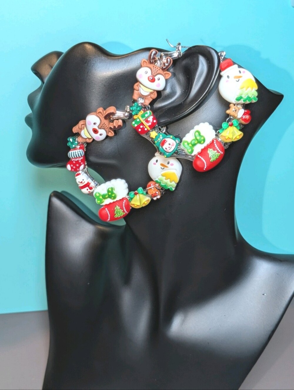 Hand Crafted Festive Christmas Charm Hoop Earrings - Red & Green Holiday Design